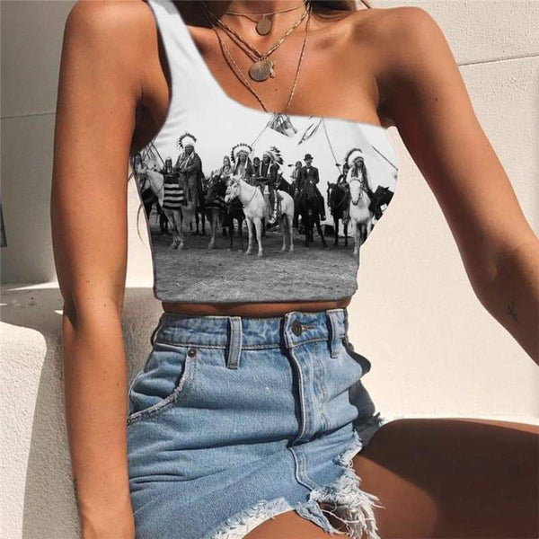 Indios Tank Tops Women Horse Tees Graphic Animal One Shoulder Crop War Sleeveless Shirt - KYKU
