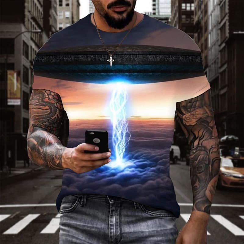 Ufo T-shirt Men Lightning Shirt Print Landscape Anime Clothes Space Tshirt Printed