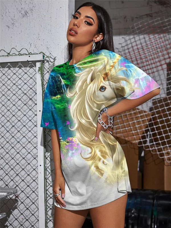 
Unicorn T-shirt Women Rainbow Gothic Animal T-shirts 3d Waterfall Funny T shirts
                