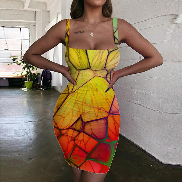 Geometric Dresses Women Psychedelic Bodycon Dress Vortex Halter Sleeveless Network Ladies Dresses - KYKU