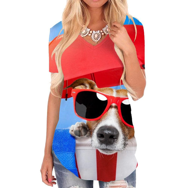 Dog T-shirt women Animal Tshirts Printed Hip Hop T-shirts 3d Rock V-neck Tshirt