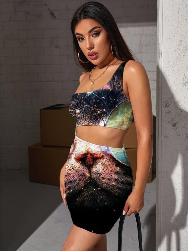 
Cat Dress Women Animal Vestido Sexy Galaxy Bodycon Dress Nebula Hollow out Dresses Hip Hop Halter Sleeveless
                