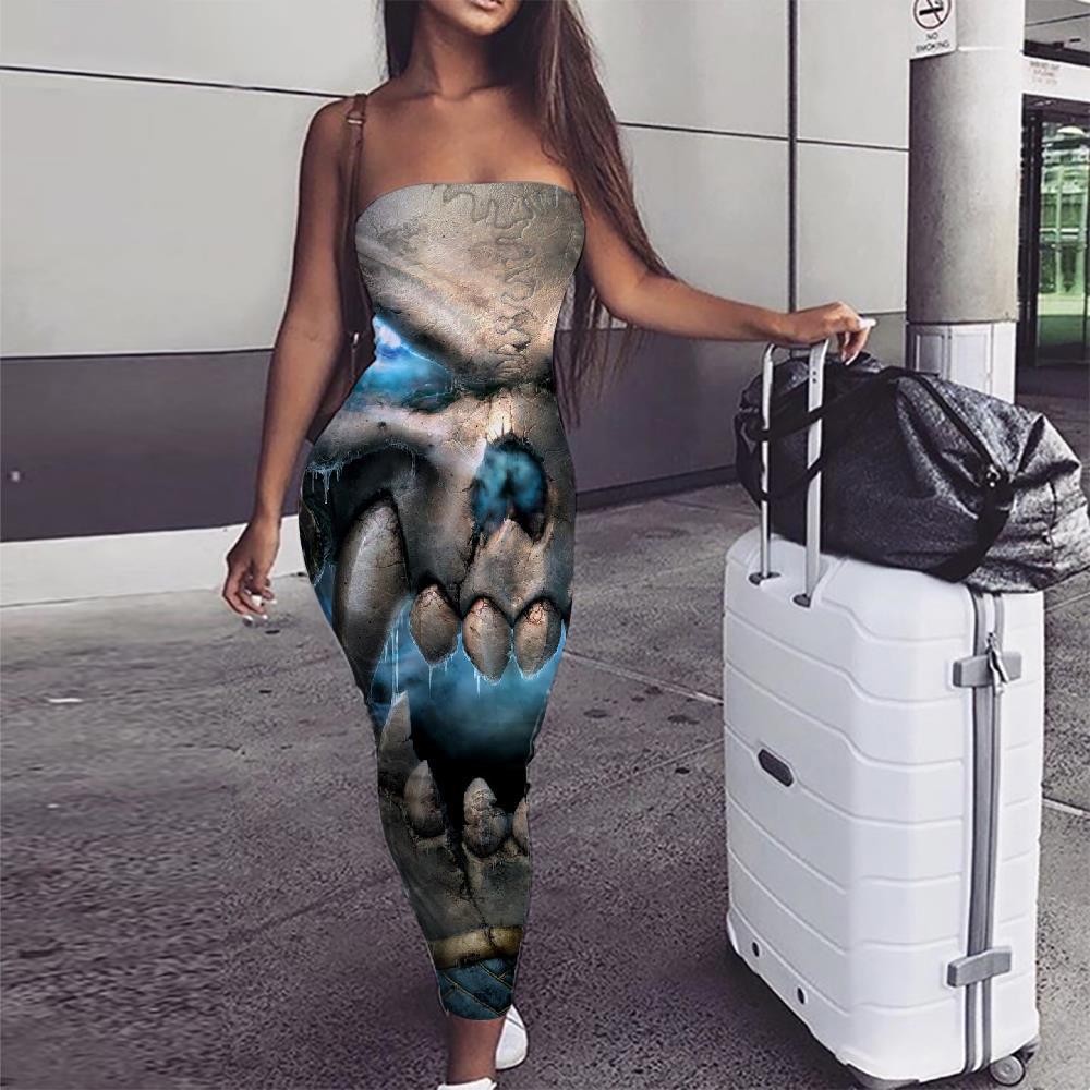 Skull Dress Women Punk Bodycon Dress Beast sleeveless Blue Sundress Angle Vestido Sexy - KYKU