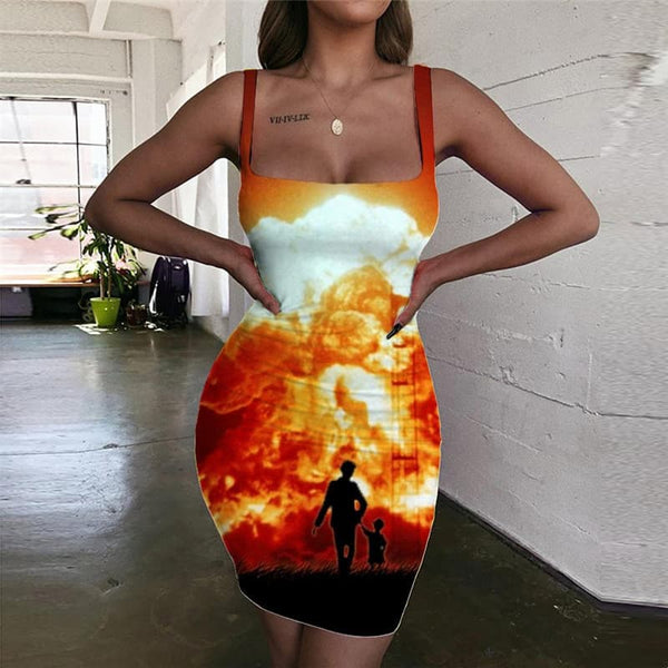 Flame Dress Women Landscape Sundress Harajuku Halter Sleeveless Womens Clothing