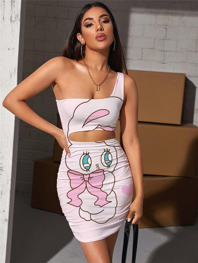 Animal Dresses Women Rabbit Pleating Lovely 3d Print Harajuku Hollow out Dresses