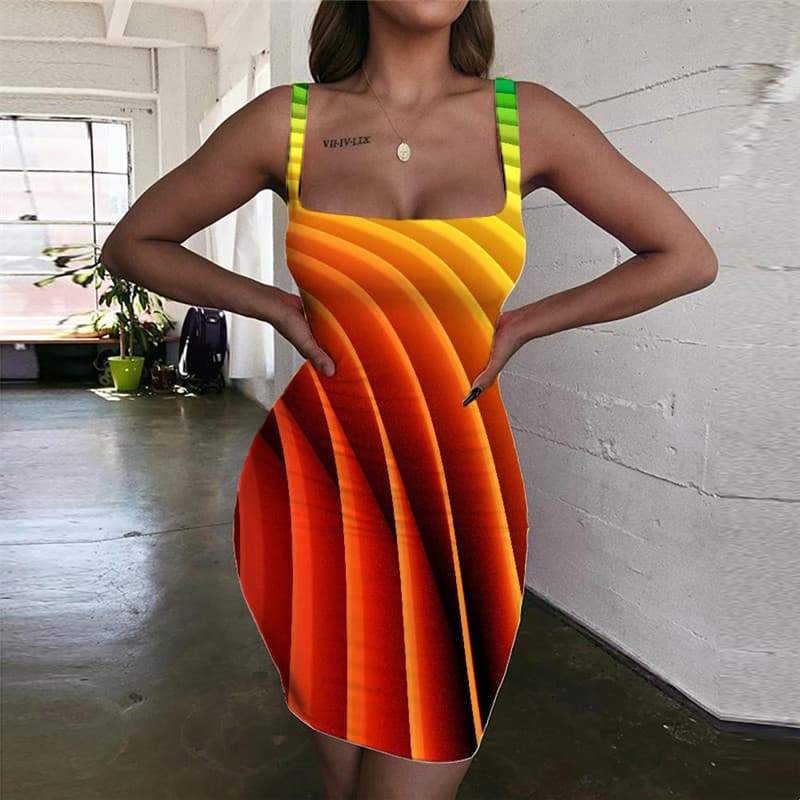 Geometric Dress Women Psychedelic Sundress Vortex 3d Print Rainbow Bodycon Dress - KYKU