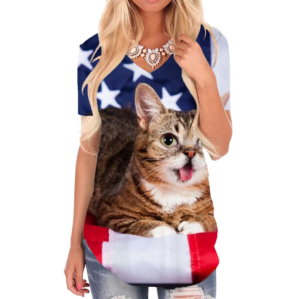 Cat T Shirt Women Animal Shirt Print National Flag V-neck Tshirt United States T-shirts 3d