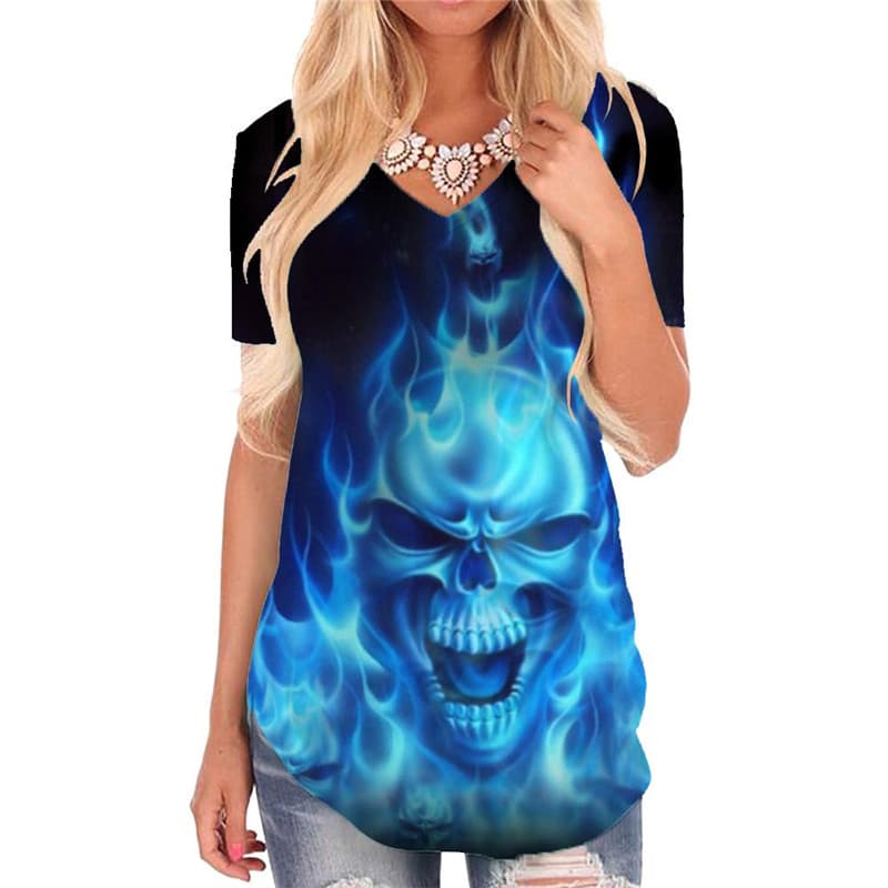Skull T Shirt Women Punk V-neck Tshirt Blue Funny T shirts Flame T-shirts 3d