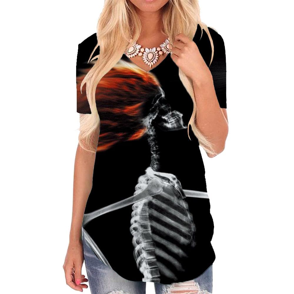 Skull T-shirt women Skeleton Shirt Print Hair Dryer V-neck Tshirt Hip Hop Tshirts Printed