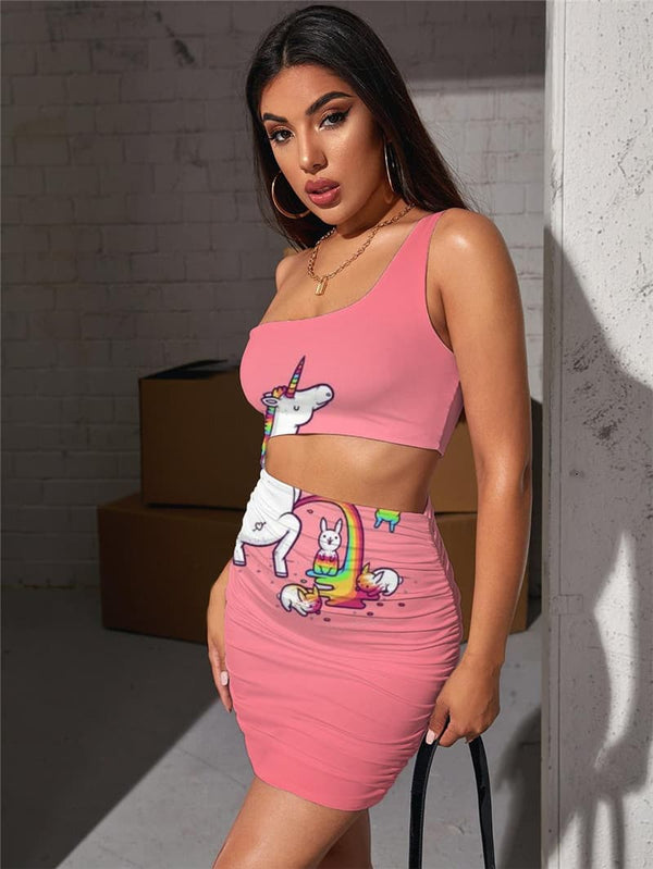 
Unicorn Dress Women Animal Vestido Sexy Rainbow Halter Sleeveless Harajuku Pleating
                