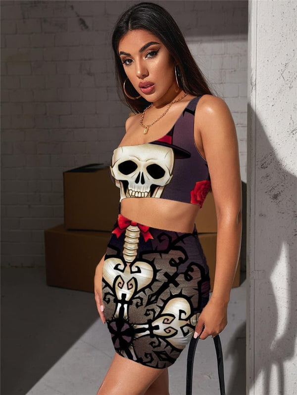 
Skull Dresses Women Skeleton 3d Print Hip Hop Halter Sleeveless Punk Bodycon Dress Rock Vestido Sexy
                