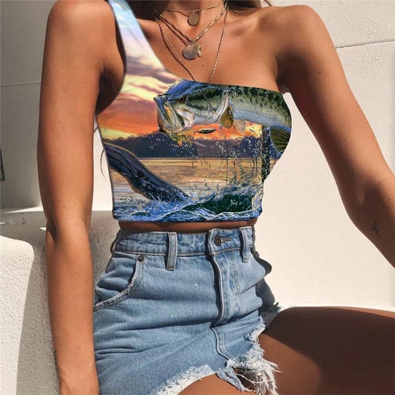 Fish Tank Tops Women Tropical One Shoulder Crop Ocean Sleeveless Shirt Tuna Tees Graphic Animal Midriff T shirt