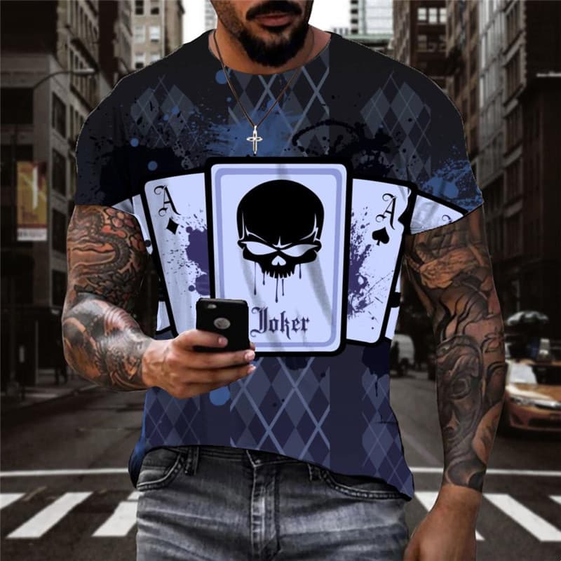 Playing Cards T-shirt Men Skull Funny T shirts Hip Hop Tshirts Casual Black Tshirt Printed