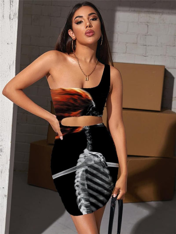 Skull Dress Women Skeleton Bodycon Dress Hair Dryer Vestido Sexy Hip Hop Pleating