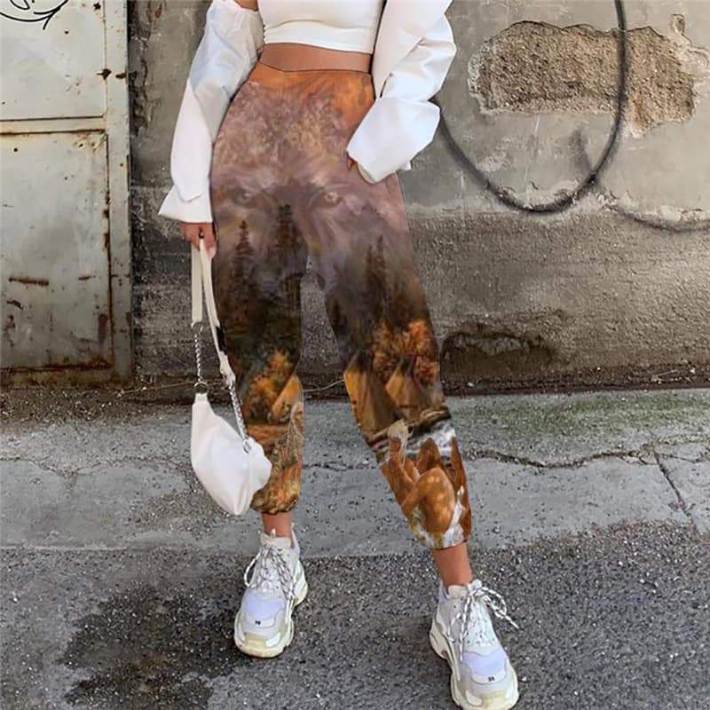 Indios Trousers Women Wolf 3d Printed Flame Trouser Forest High Waist Pants - KYKU