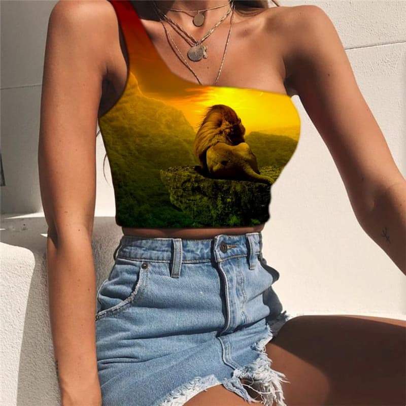 Lion Tank Tops Women Animal Tees Graphic Anime Sleeveless Shirt Nebula Midriff T shirt Sunset One Shoulder Crop - KYKU