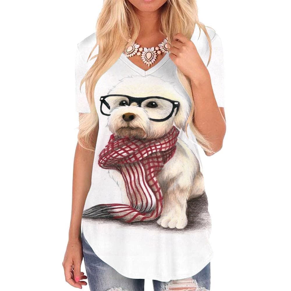 Dog T Shirt Women Animal Funny T shirts Painting Shirt Print Lovely V-neck Tshirt