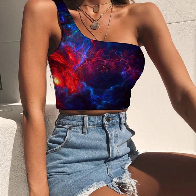 Galaxy Tank Tops Women Space One Shoulder Crop Universe Sleeveless Shirt Nebula Midriff T shirt