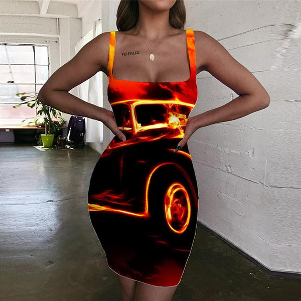 Flame Dresses Women Car Bodycon Dress Hip Hop Vestido Sexy Womens Clothing