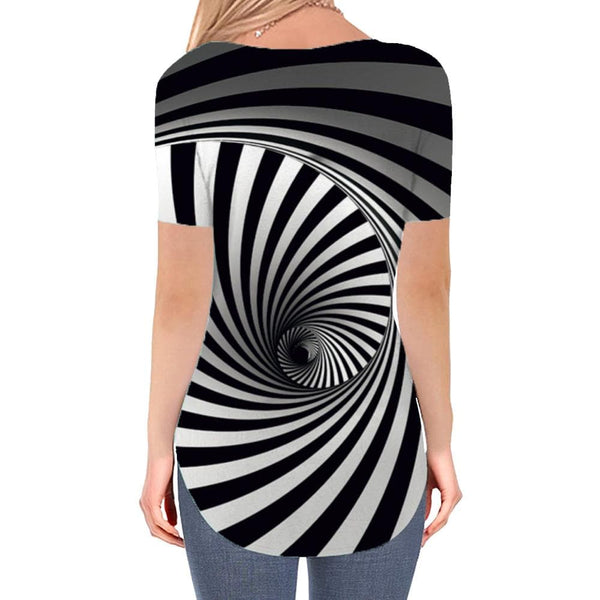 
Dizziness T Shirt Women Stripe T-shirts 3d Black And White V-neck Tshirt Harajuku Shirt Print
                