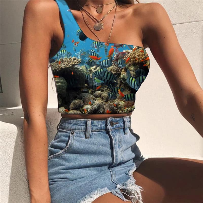 Fish Vest Tops Women Tropical Sleeveless Shirt Ocean One Shoulder Crop Carp Midriff T shirt Animal Tees Graphic