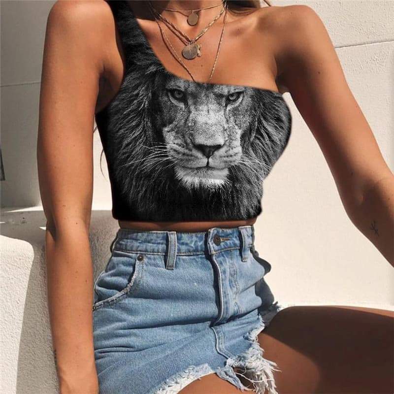 Lion Tank Tops Women Animal Sleeveless Shirt Anime One Shoulder Crop Harajuku Midriff T shirt Street Tees Graphic - KYKU