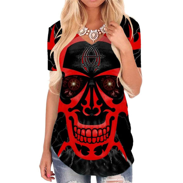 Skull T Shirt Women Punk V-neck Tshirt Red Shirt Print Devil T-shirts 3d