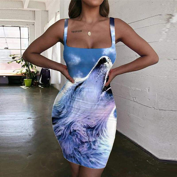 Wolf Dress Women Animal Ladies Dresses Anime Vestido Sexy Moon Bodycon Dress Galaxy 3d Print - KYKU