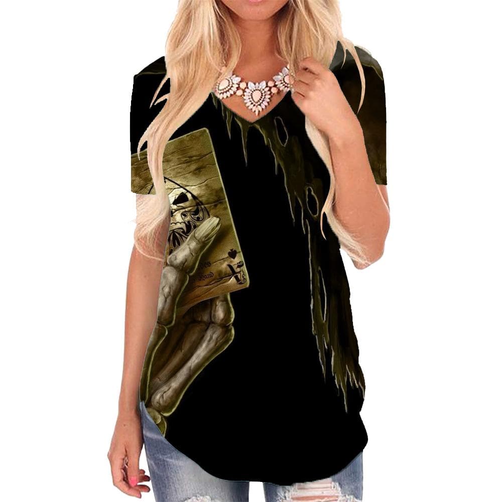 Skull T-shirt women Skeleton Shirt Print Playing Cards V-neck Tshirt Rock T-shirts 3d