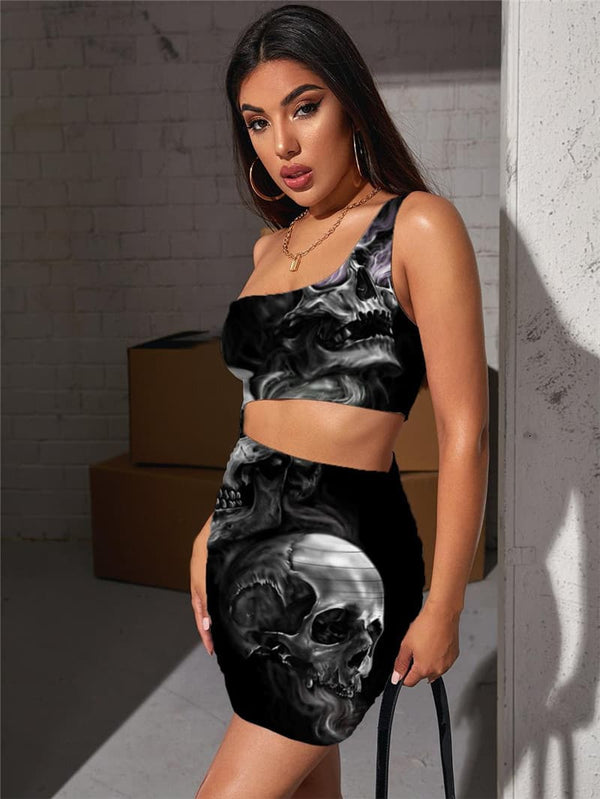 
Skull Dress Women Smoke Cloud Vestido Sexy Hip Hop 3d Print Rock Bodycon Dress Punk Pleating
                