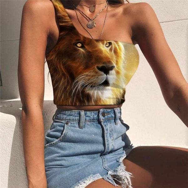 Lion Vest Tops Women Animal One Shoulder Crop Anime Sleeveless Shirt Galaxy Midriff T shirt Universe Tees Graphic - KYKU