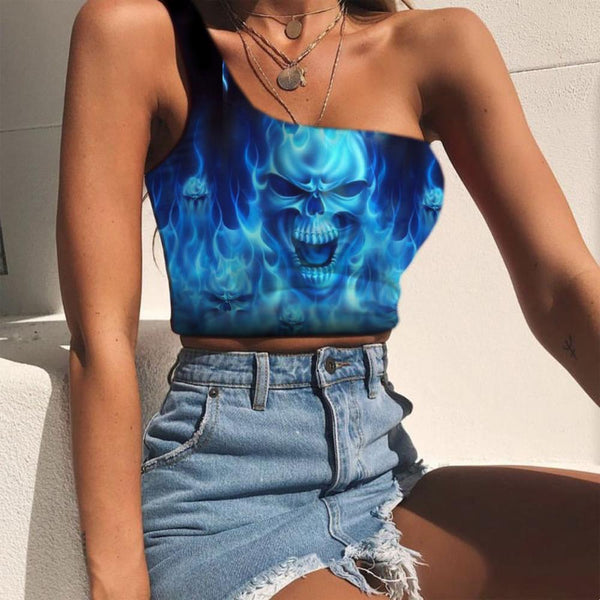 Skull Vest Tops Women Punk Midriff T shirt Blue Tees Graphic Flame Sleeveless Shirt - KYKU