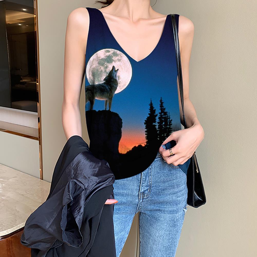 Wolf Tank Top Women Animal Tank Tops Casual Anime Sleeveless 3d Moon Vest Print Tree Anime Clothes - KYKU