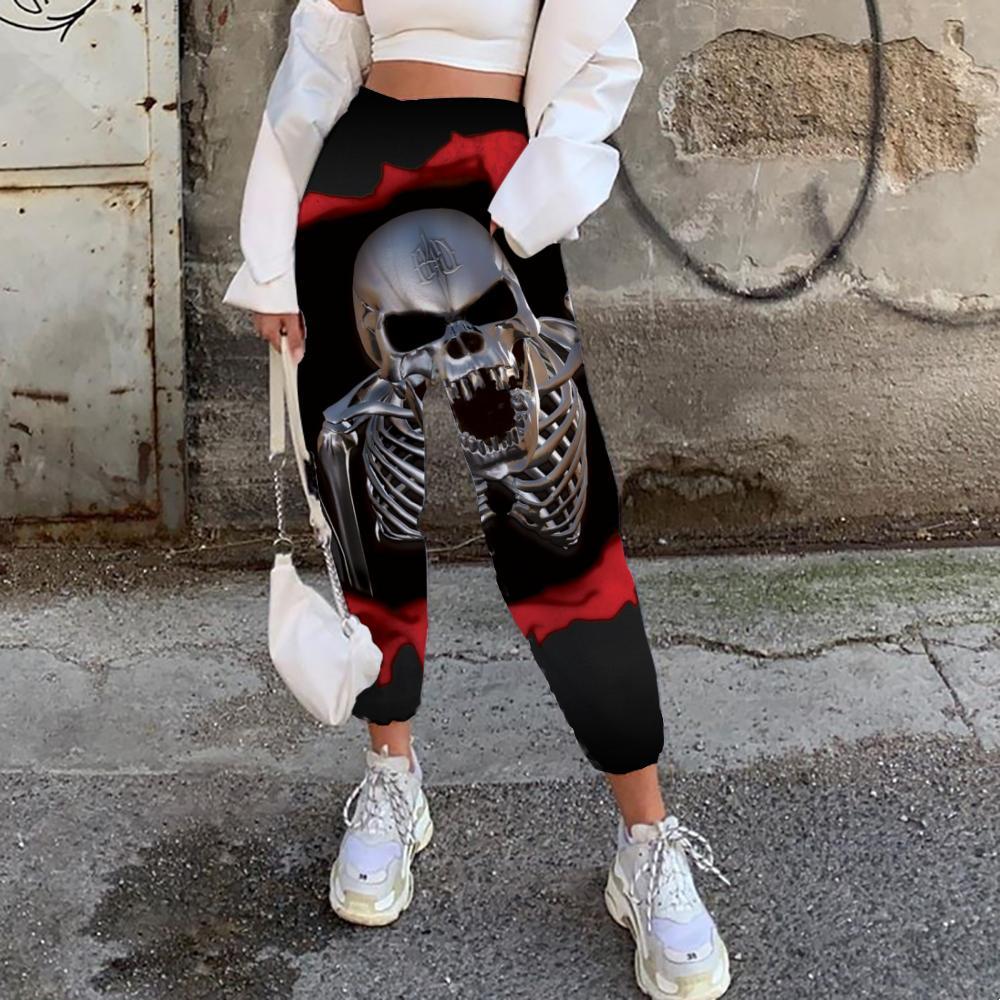 Skull Pants Women Punk High Waist Pants Blood Trouser Gesture Casual Pant Metal Jogger Pants - KYKU
