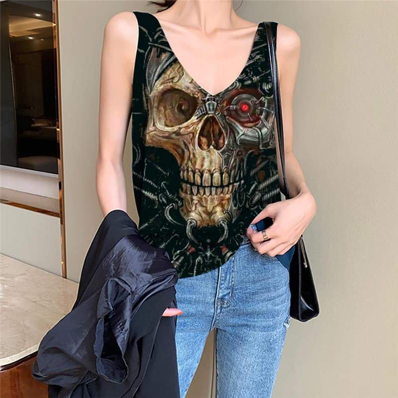Skull Tank Top Women Punk Tank Tops Casual Mechanical Anime Clothes Black Sleeveless 3d Metal Vest Print - KYKU