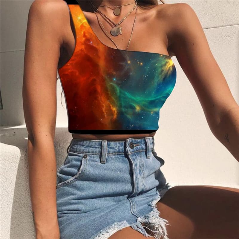 Galaxy Vest Tops Women Space One Shoulder Crop Universe Sleeveless Shirt Nebula Midriff T shirt
