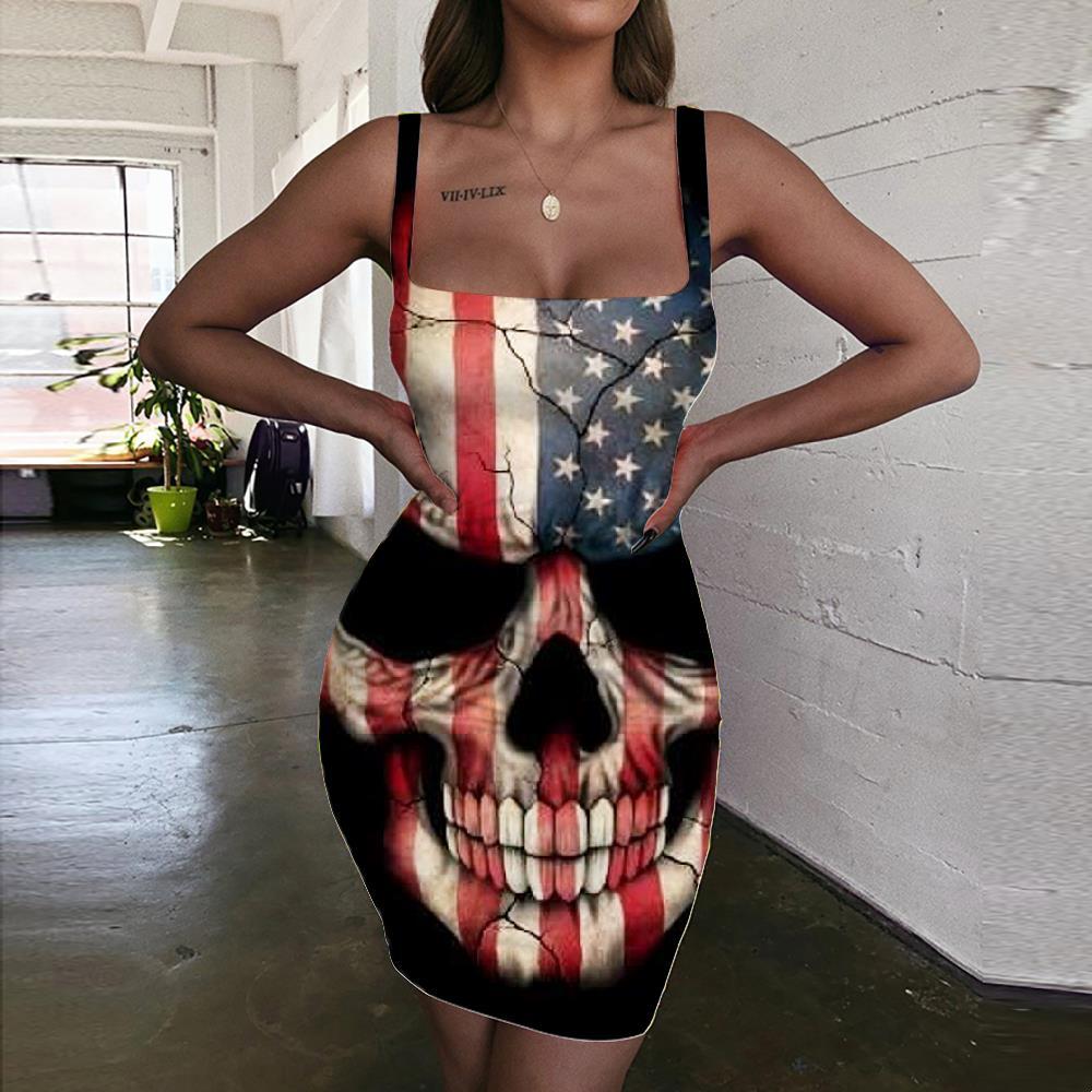 Skull Dresses Women Punk Vestido Sexy United States Halter Sleeveless Usa Sundress America 3d Print - KYKU