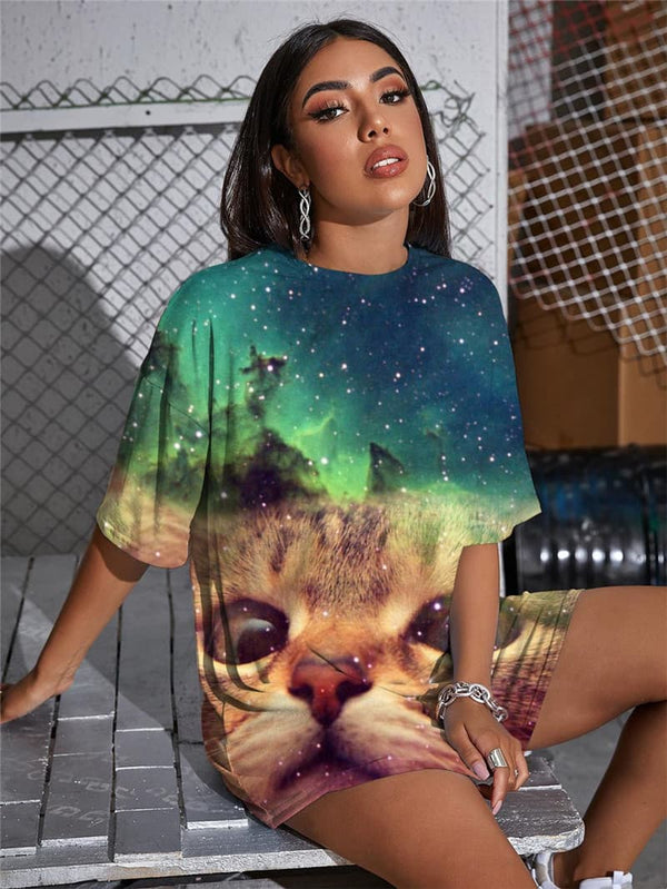 
Cat T-shirt Women Animal Gothic Nebula Summer Galaxy Punk Rock Lovely Shirt Print
                