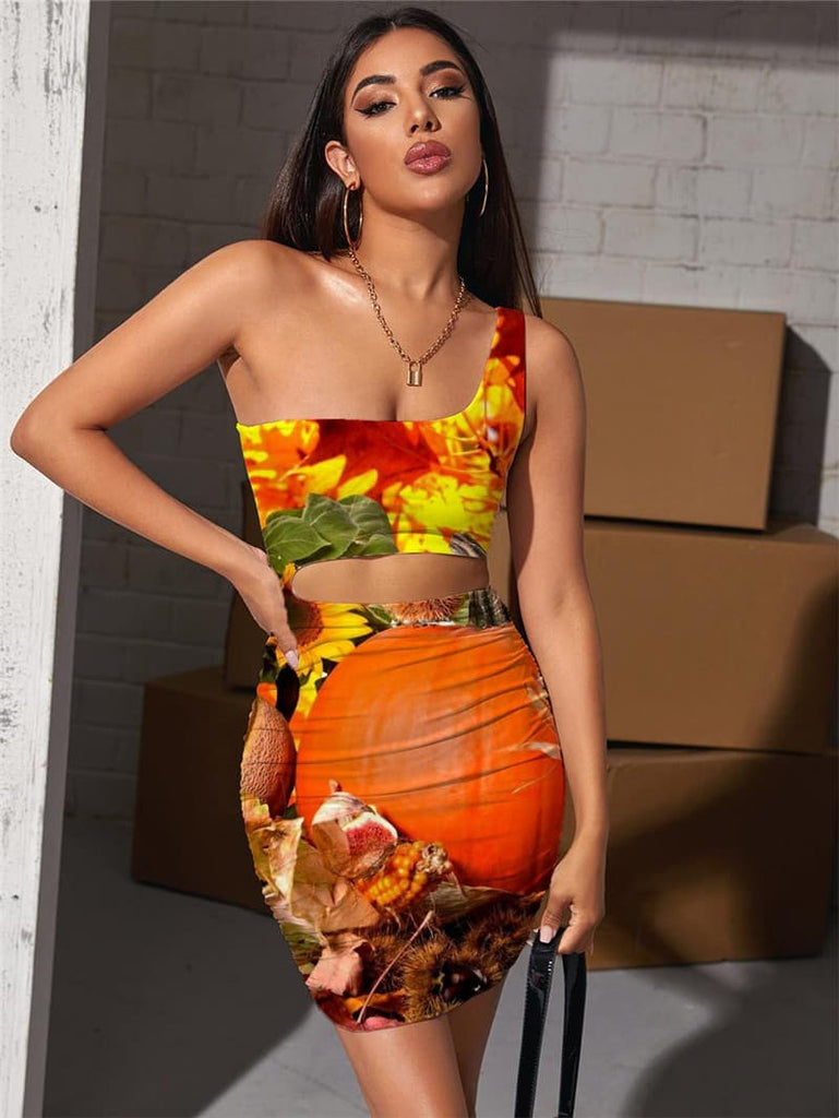 Pumpkin Dresses Women Halloween Hollow out Dresses Flower Halter Sleeveless Maple Leaf Bodycon Dress