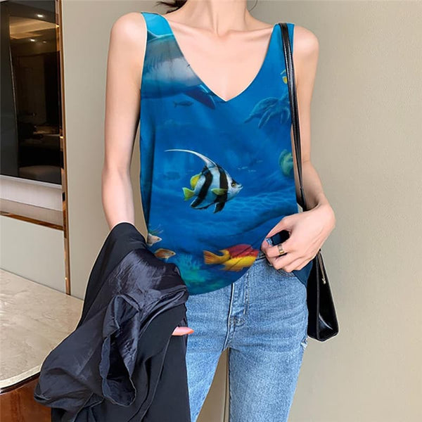 Shark Tank Top Women Fish Vest Printed Animal Tank Tops Casual Ocean Sleeveless 3d Blue Vest Print
