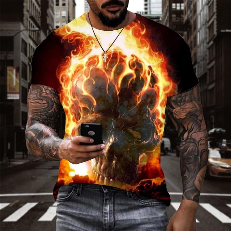 Skull T shirt Men Flame Funny T shirts Party Shirt Print Hip Hop Tshirts Casual