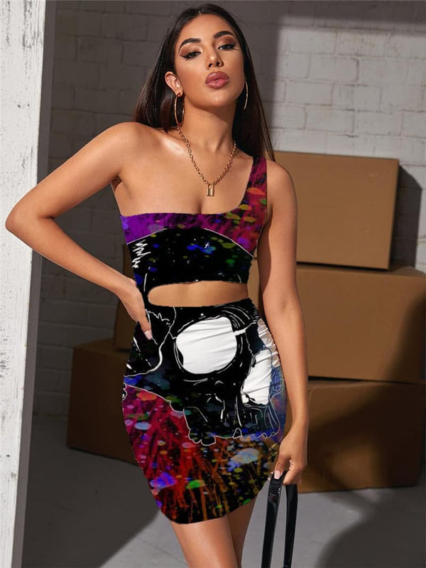 
Skull Dresses Women Graffiti 3d Print Colorful Halter Sleeveless Rock Vestido Sexy
                