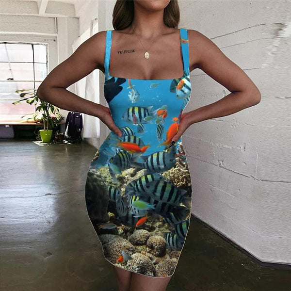 Fish Dresses Women Tropical Ladies Dresses Ocean 3d Print Carp Sundress Animal Halter Sleeveless