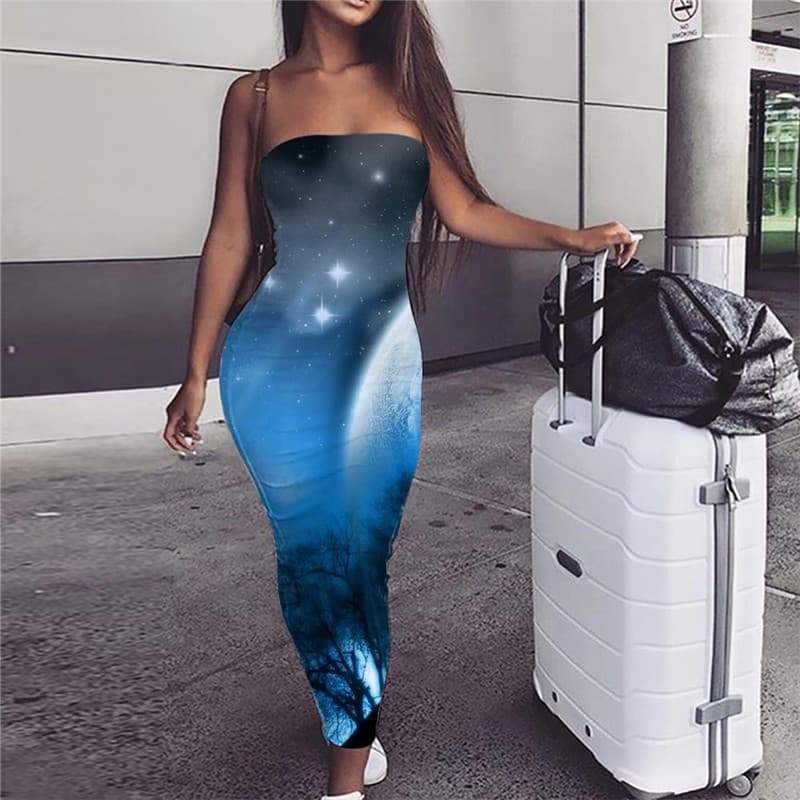 Wolf Dress Women Animal Party Anime Vestido Sexy Moon 3d Print Blue Sundress - KYKU