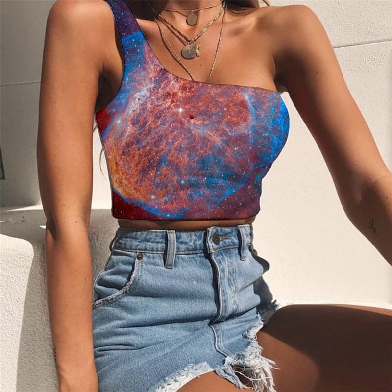 Galaxy Tank Tops Women Space One Shoulder Crop Universe Midriff T shirt