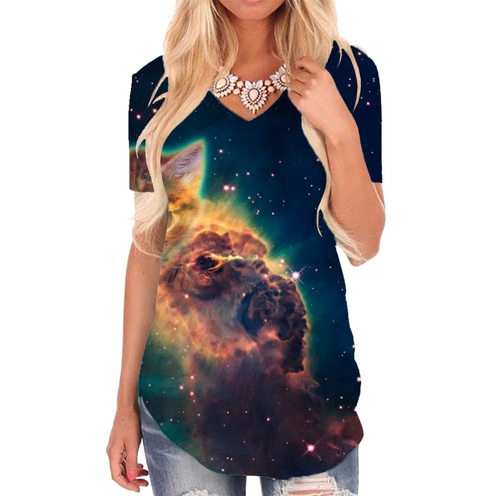 Cat T-shirt women Animal Funny T shirts Galaxy V-neck Tshirt Space Tshirts Printed Universe Shirt Print