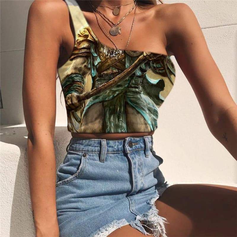 Lion Vest Tops Women Animal Midriff T shirt Anime Tees Graphic Cartoon One Shoulder Crop Harajuku Sleeveless Shirt - KYKU