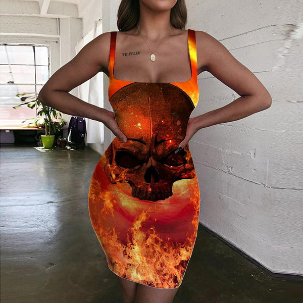 Skull Dresses Women Punk Halter Sleeveless Flame Vestido Sexy Red Bodycon Dress - KYKU