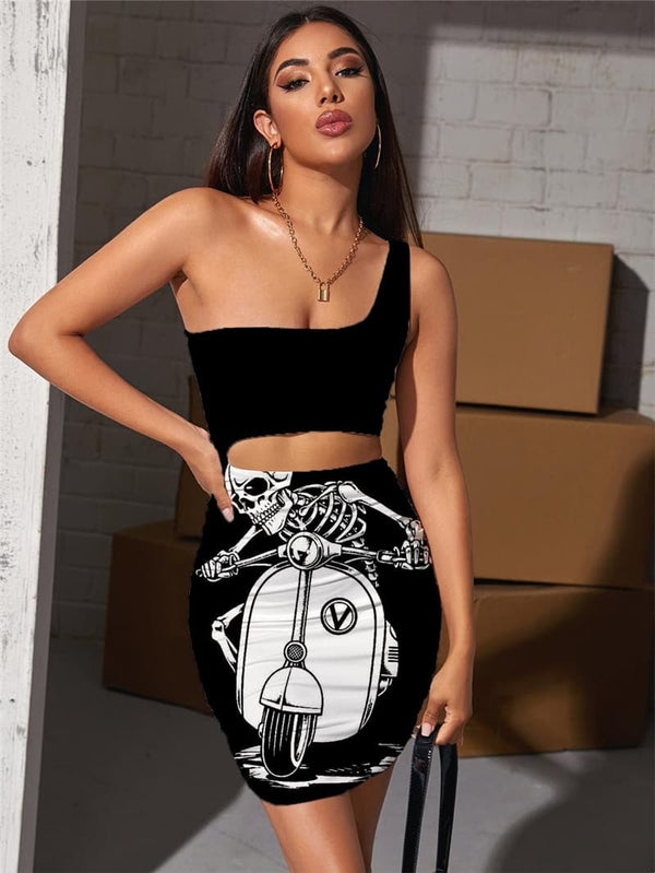 Skull Dress Women Skeleton Hollow out Dresses Motorcycle Vestido Sexy Rock 3d Print Hip Hop Halter Sleeveless