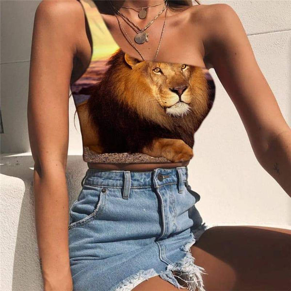 Lion Vest Tops Women Animal One Shoulder Crop Anime Midriff T shirt Pink Clouds Tees Graphic Street Sleeveless Shirt - KYKU